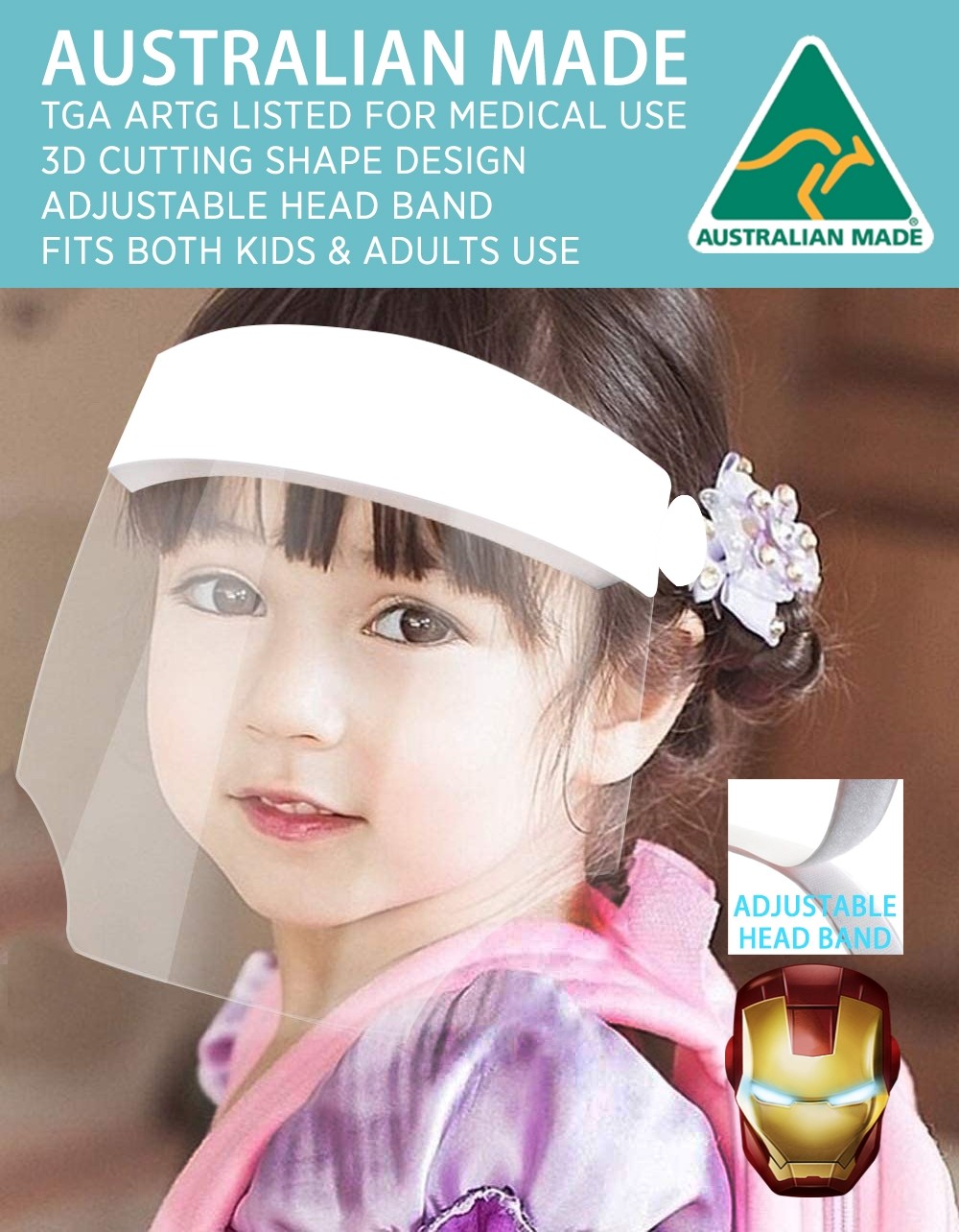 WHITE PROTECTIVE FACE SHIELD - ARTG LISTED - FOR BOTH KIDS AND ADULT