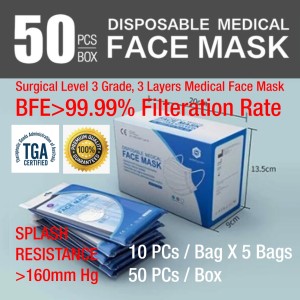 SQ Level 3 Surgical Mask Medical Face Mask BFE>99% (CE CERTIFIED, TGA ARTG LISTED)